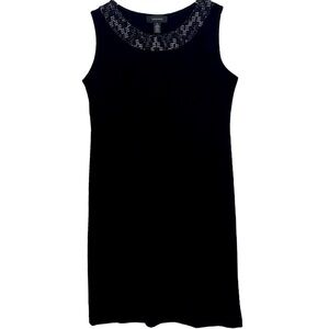 R & M Richards Dress Shift Black Pull over Knee length Scoop beaded neck Blingy